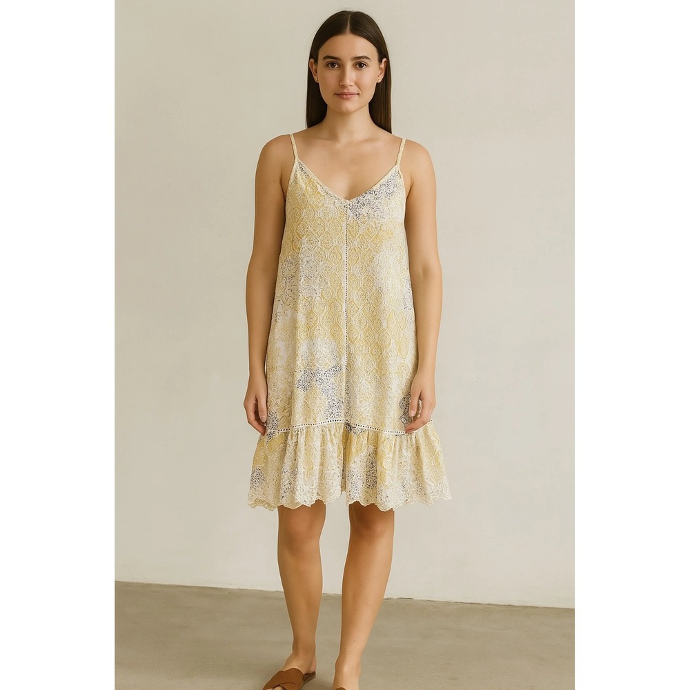 Rachel Zoe Women 100% Cotton Dress S Yellow Paisley Eyelet Mini Boho Cottage